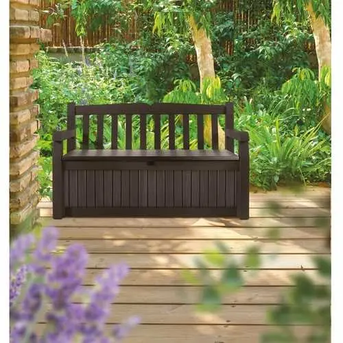 Brown Resin Patio Bench With Built-In Storage Compartment For Outdoor Use 1