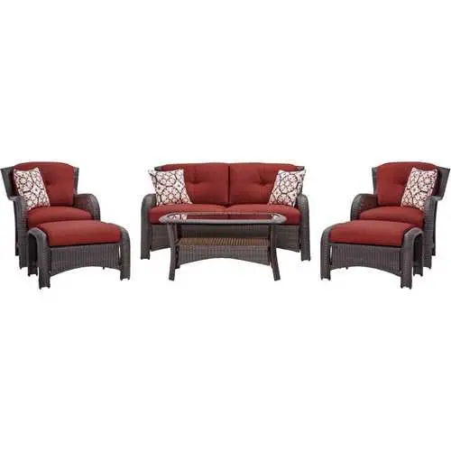 Brown Resin Wicker 6-Piece Patio Set – Red Cushioned Lounge Collection 1