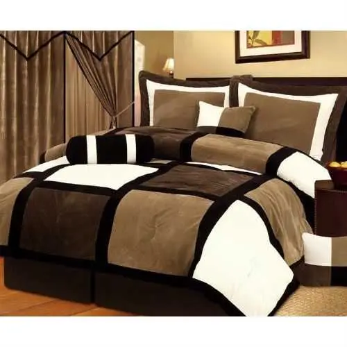 Brown-White-Black Patchwork Comforter Set – Queen, 7-Piece Bedding Ensemble 1