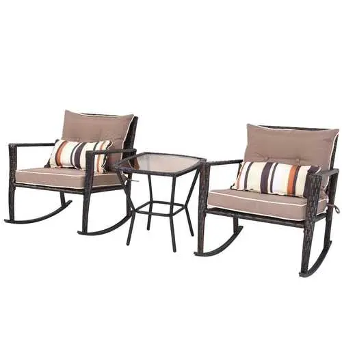 Brown Wicker Patio Rocking Chair Set – 3-Piece With Coffee Table 1