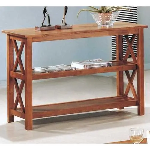 Brown Wood Living Room Console Table With Three-Tier Shelving 1
