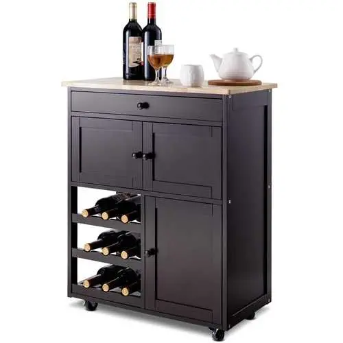 Brown Wood Mobile Kitchen Island Cart – Includes Wine Rack, Drawer, And Casters 1
