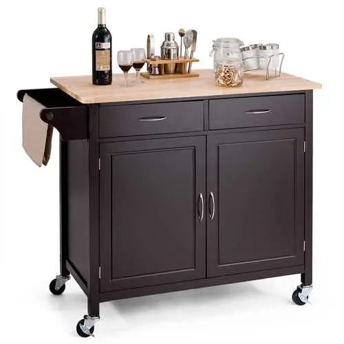Brown Wood-Top Kitchen Island Cart With Storage And Locking Casters 1