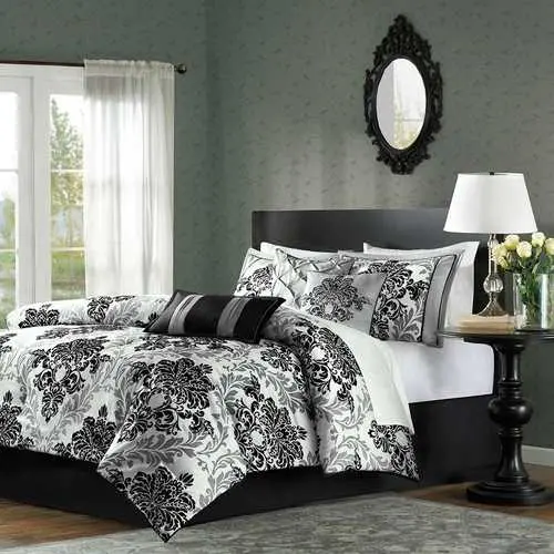 California King 7-Piece Comforter Set – Black And Grey Damask Pattern 1