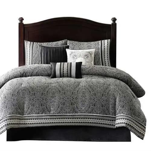California King 7-Piece Damask Comforter Set – Black-And-White Luxury Bedding Ensemble 1