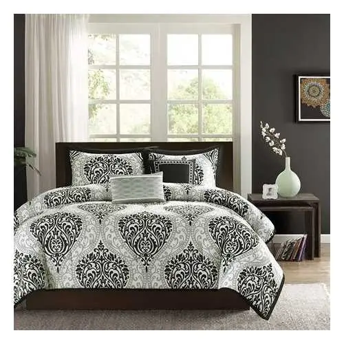 California King Comforter Set – 5-Piece Black-And-White Damask Design 1
