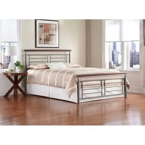 California King Contemporary Bed – Dual-Finish Silver & Cherry Metal Design 1