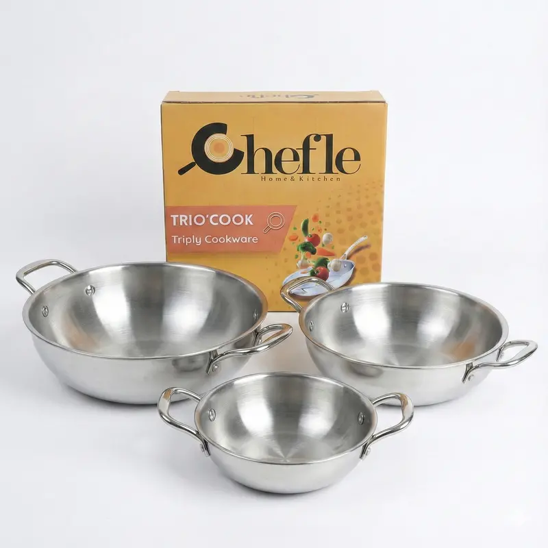 Chefle Trio-Cook Triply Stainless Steel Wok/Kadai Set (No Lid) 1