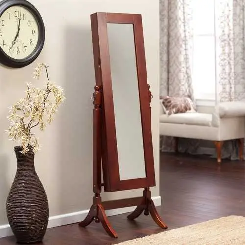 Cherry-Finish Full-Length Tilting Cheval Mirror Armoire With Jewelry Storage 1