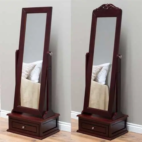 Cherry-Finish Tilting Cheval Mirror – Full-Length Freestanding Mirror With Drawer 1