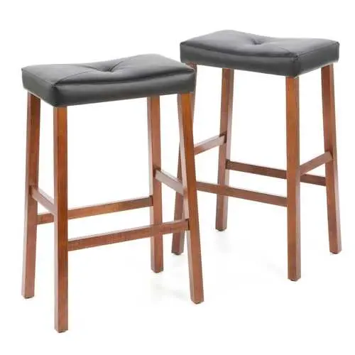 Cherry-Finished Faux Leather Saddle Seat Barstools – Set Of 2 1