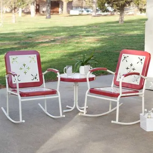 Cherry Red Retro Metal Rocker Set – 3-Piece Patio Ensemble 1