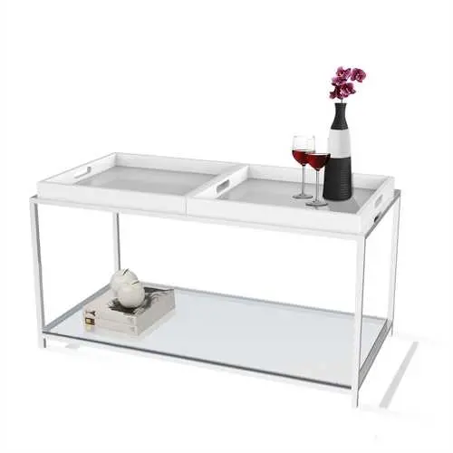 Chrome Metal Coffee Table – Modern Design With Two Removable White Trays 1