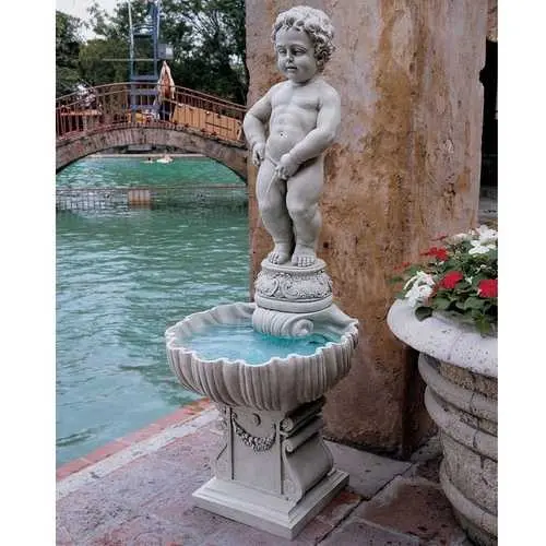 Classic Outdoor Peeing Boy Fountain Statue – Grey Patina Resin Water Feature 1