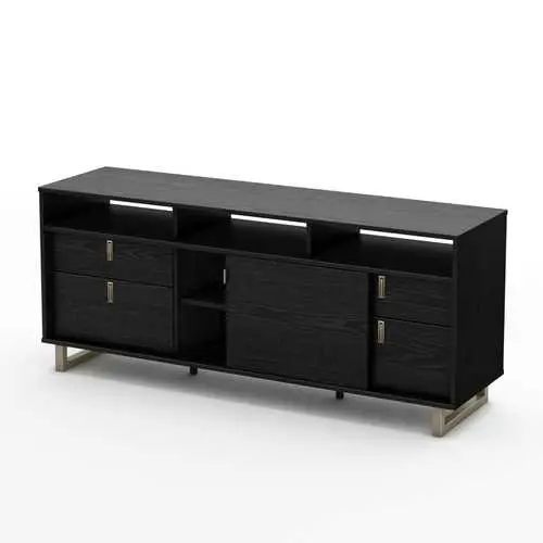 Contemporary Black Tv Stand With Satin Nickel Metal Legs And Open Shelving 1