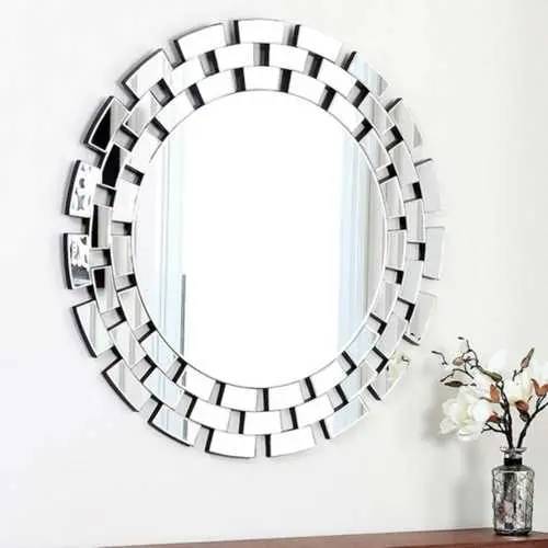 Contemporary Round Wall Mirror – 35.5" With Tiered Glass Brick Accent Border 1