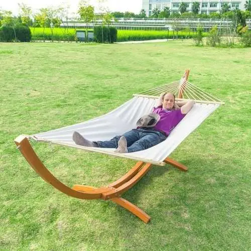 Cotton-Polyester Hammock With Crescent Wooden Stand – 10.5-Foot Indoor/Outdoor Relaxation Set 1