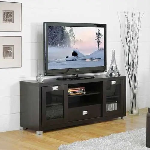 Dark Brown Glass-Door Tv Stand For Contemporary Living Spaces 1