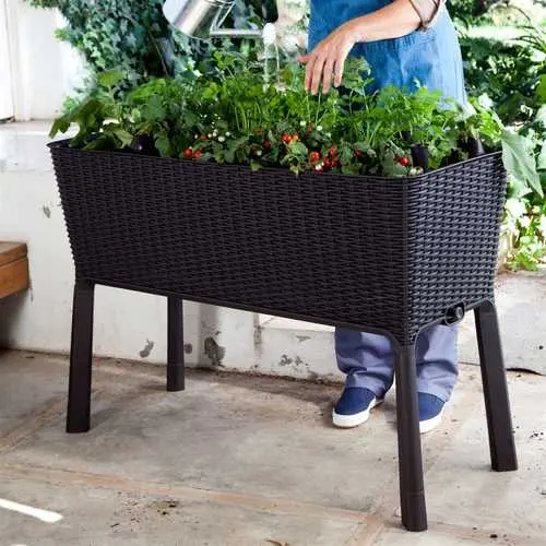 Dark Brown Resin Wicker Elevated Garden Planter With Built-In Water Level Indicator 1
