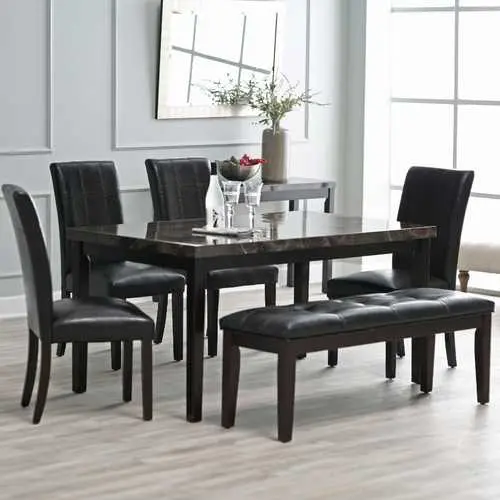 Espresso 6-Piece Dining Set – Faux Marble Table With 4 Chairs And Matching Bench 1
