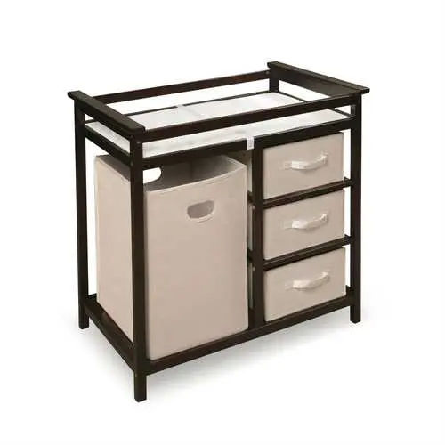 Espresso Changing Table With Three Woven Baskets And Integrated Hamper 1