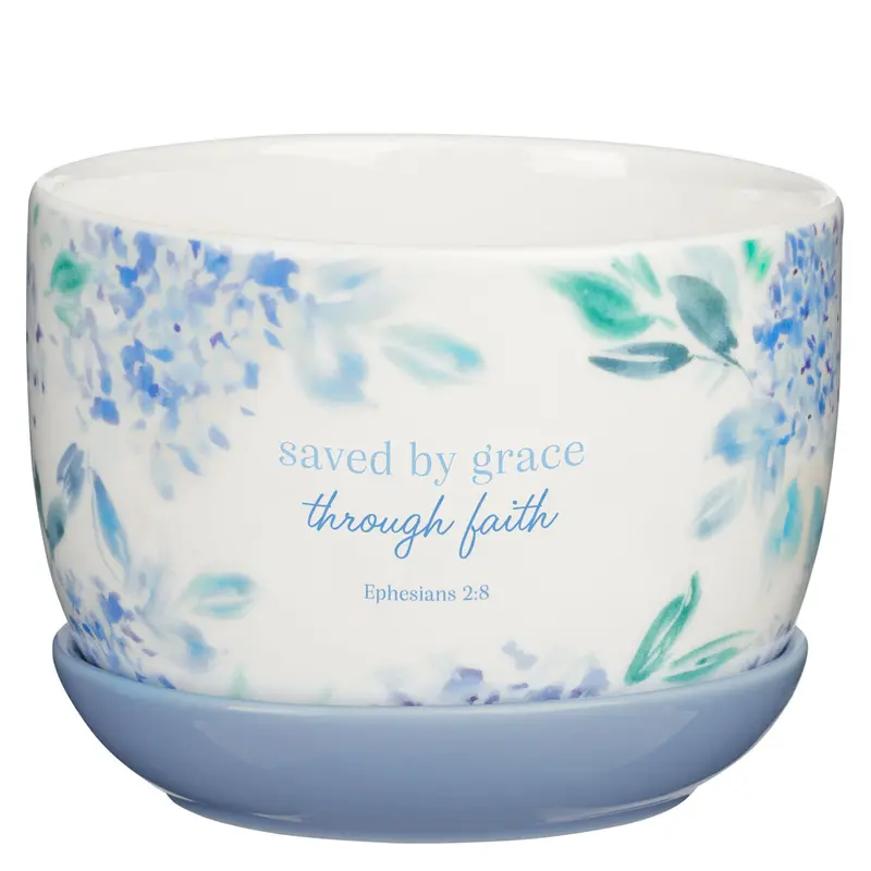 Faith-Inspired Ceramic Planter – Handcrafted Pot With 'Saved By Grace' Theme 1