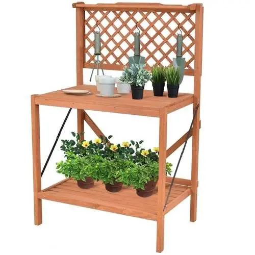 Folding Wooden Potting Bench – Garden Workstation With Built-In Shelf 1