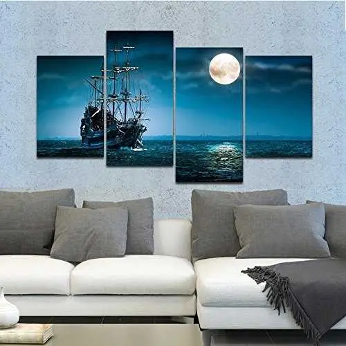 Full Moon Seascape Canvas Art – 4-Panel Ocean & Ship Framed Wall Decor 1