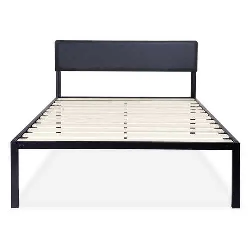 Full-Size Black Metal Platform Bed With Padded Modern Headboard 1