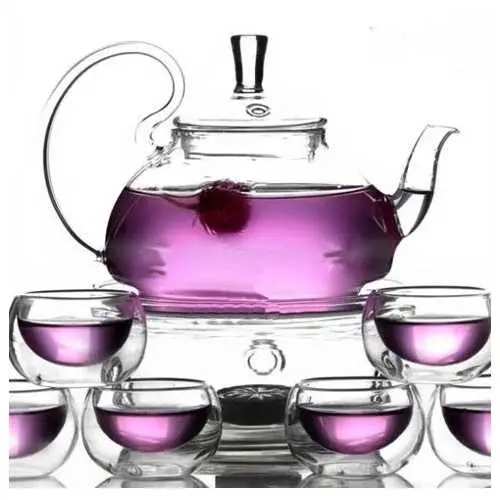 Glass Teapot Set With Warmer And Six Matching Drinking Glasses 1
