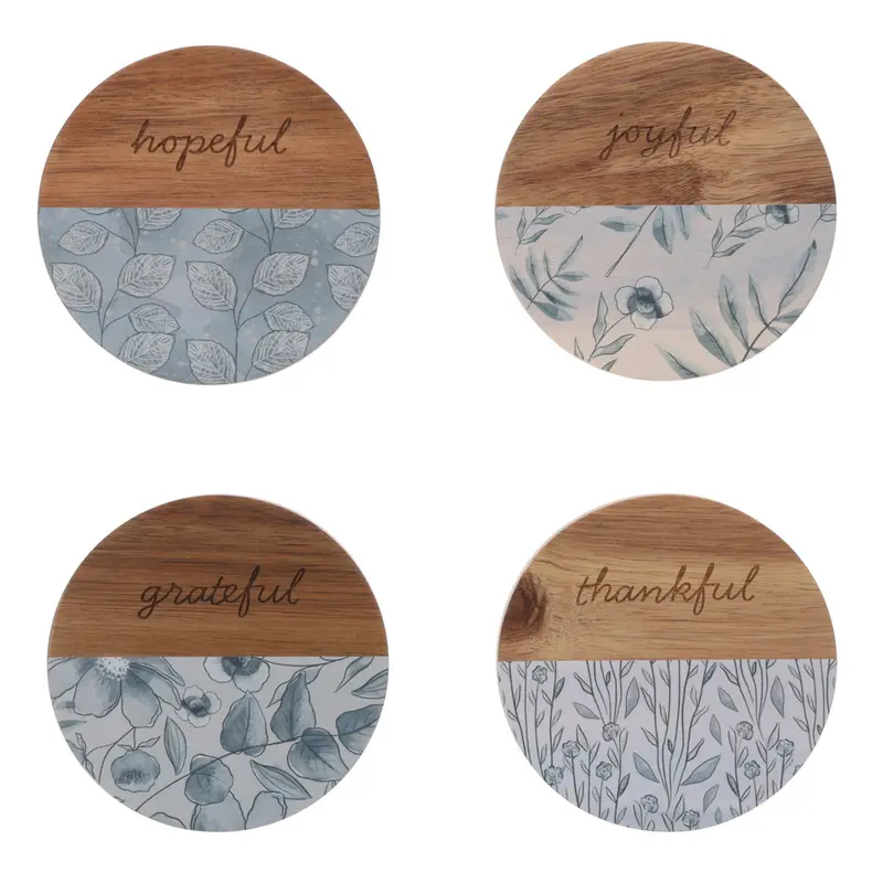 'Grateful, Hopeful, Thankful, Joyful' Four-Piece Wooden Coaster Set 1