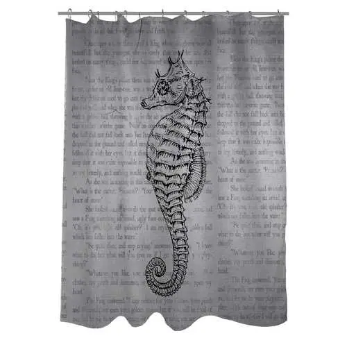 Gray Seahorse Pattern Polyester Shower Curtain – Woven Bathroom Liner 1