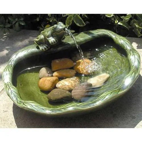 Green Glazed Ceramic Bird Bath Fountain – Frog Sculpture With Solar Pump 1