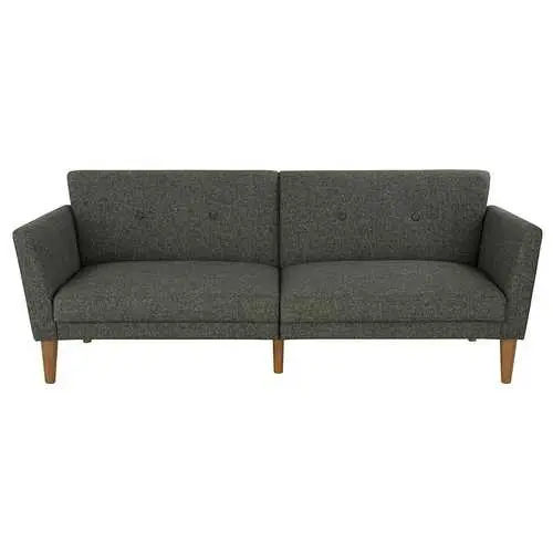 Grey Linen Mid-Century Futon Sofa Bed With Natural Wooden Legs 1