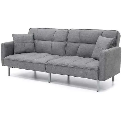 Grey Linen Split-Back Futon Sofa Bed – Modern Convertible Couch 1