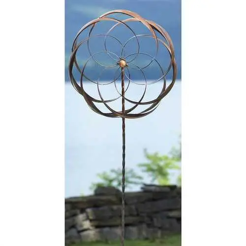Hand-Spun Copper-Plated Flower Wind Spinner Garden Stake 1