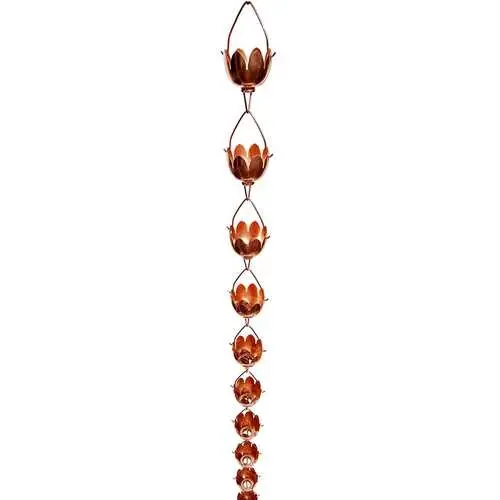 Handcrafted 8-Foot Copper Rain Chain In Lily Lotus Design 1