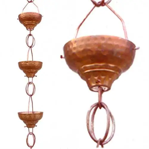 Handcrafted Copper Rain Chain – 8.5-Foot With 13 Hammered Funnel Cups 1