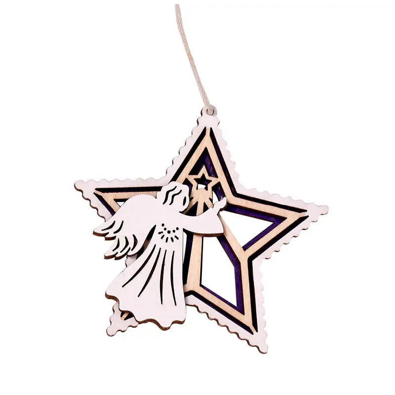 Handcrafted Wooden Star Ornament Featuring Angel Design 1