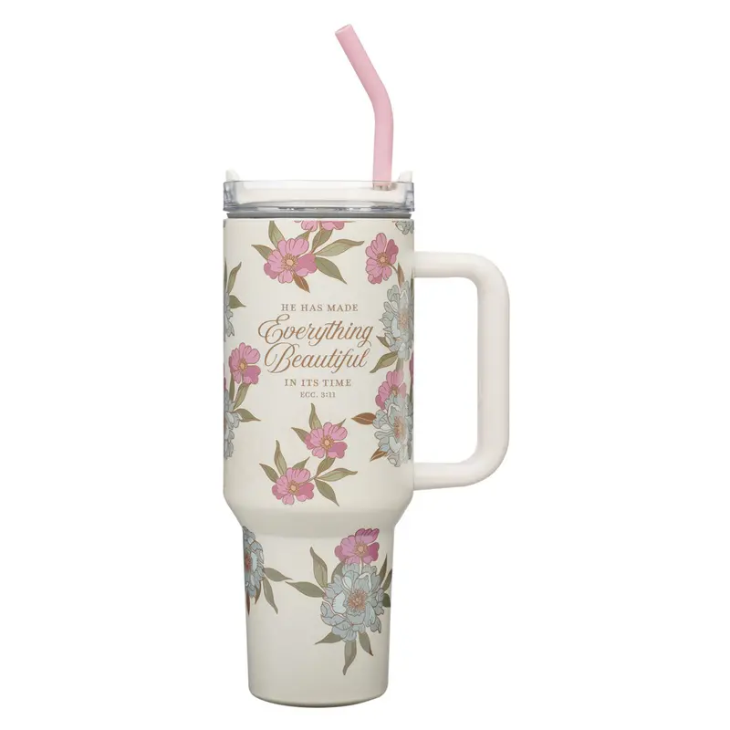 He Has Made Everything Beautiful Stainless Steel Travel Mug – Ivory, Handle & Reusable Straw 1
