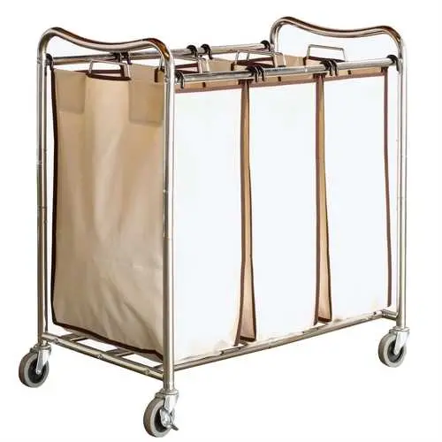 Heavy-Duty Laundry Trolley With 3 Removable Tan Hamper Bags & Locking Casters 1