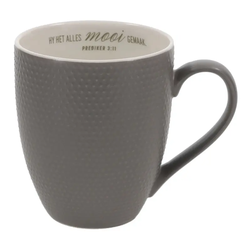'Hy Het Alles Mooi Gemaak' Grey Afrikaans Ceramic Mug 1