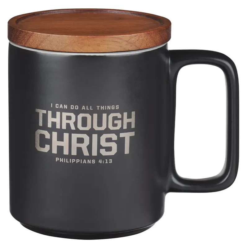 'I Can Do All Things Through Christ' Ceramic Mug With Acacia Wood Lid 1