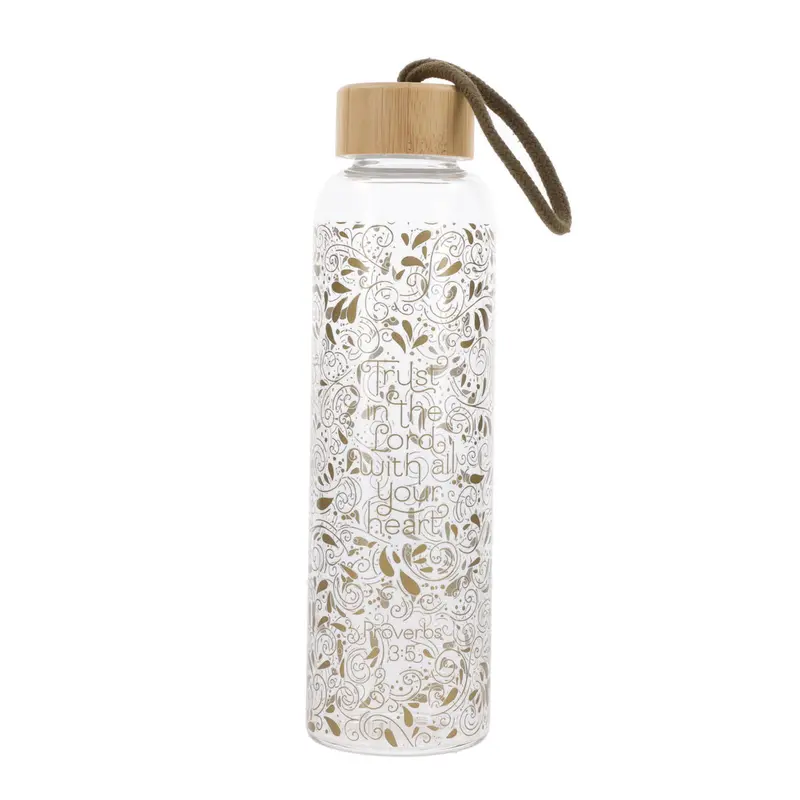 Inspirational Glass Water Bottle With Bamboo Lid – 'Trust In The Lord With All Your Heart' Design 1