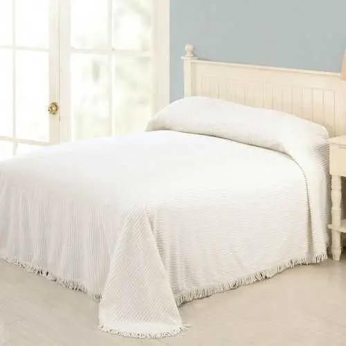 King Cotton Chenille Bedspread – White With Fringed Trim & Soft Textured Drape 1
