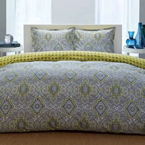 King Cotton Comforter Set – Blue And Yellow Damask Print Bedding Collection 1