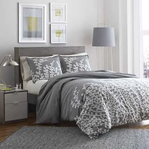 King Cotton Comforter Set – Gray-And-White Floral Branch Motif 1