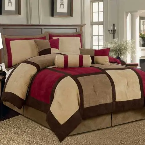 King Patchwork Comforter Set – 7-Piece Brown, Burgundy & Rust Colorway 1