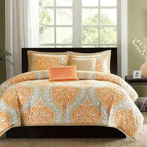 King-Size Orange Damask Comforter Set – 5-Piece Bedding Ensemble 1