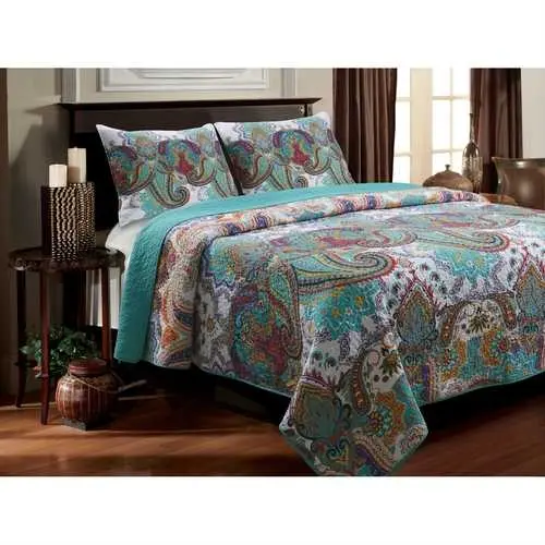 King Teal Paisley Quilt Set – 100% Cotton, Preshrunk & Wrinkle-Resistant 1